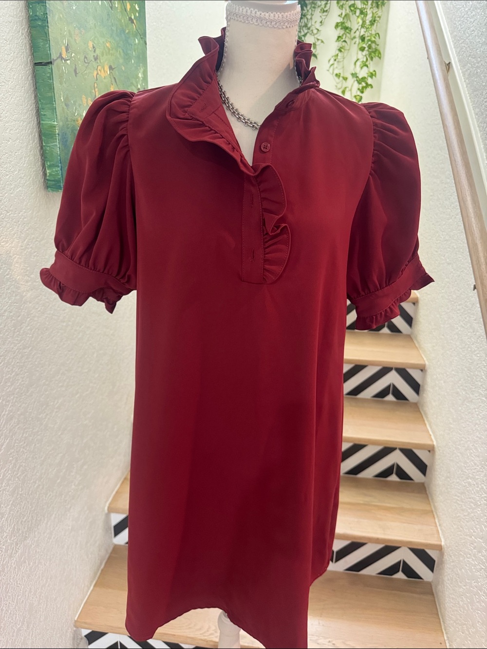 entro Burgundy Ruffle Collar Puff Sleeve Dress